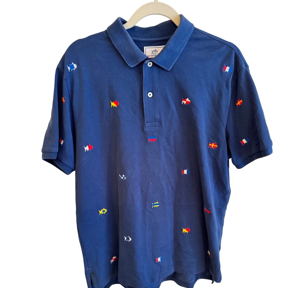 Southern Tide Mens Navy Blue Nautical‎ Fish Flag Polo Shirt Size Medium